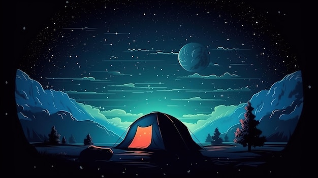 Paisagem noturna de acampamento nas montanhas estilo de desenho animado de lua cheia gerado ai