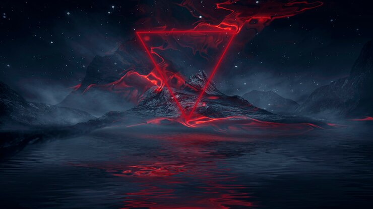 Paisagem noturna de fantasia futurista com reflexo da luz na água. Ilustração 3D do portal da galáxia do espaço neon