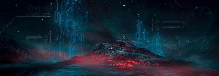 Paisagem noturna de fantasia futurista com reflexo da luz na água. Ilustração 3D do portal da galáxia do espaço neon