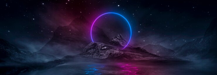 Paisagem noturna de fantasia futurista com reflexo da luz na água. Ilustração 3D do portal da galáxia do espaço neon