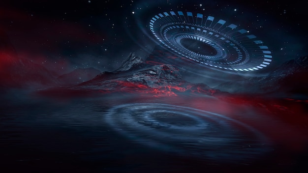 Paisagem noturna de fantasia futurista com reflexo da luz na água. Ilustração 3D do portal da galáxia do espaço neon