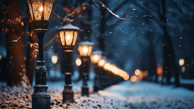 Paisagem noturna de inverno no beco do parque da cidade