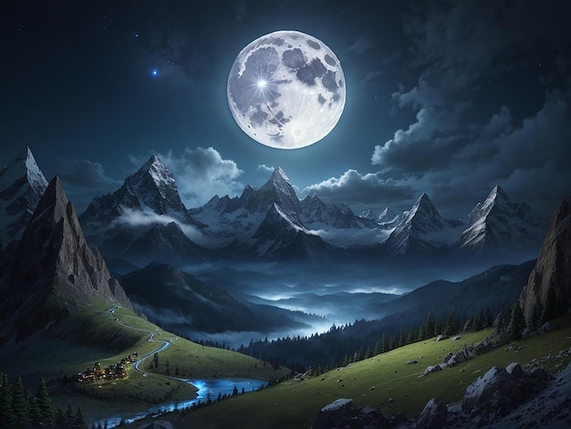 Paisagem noturna de montanha com lua cheia