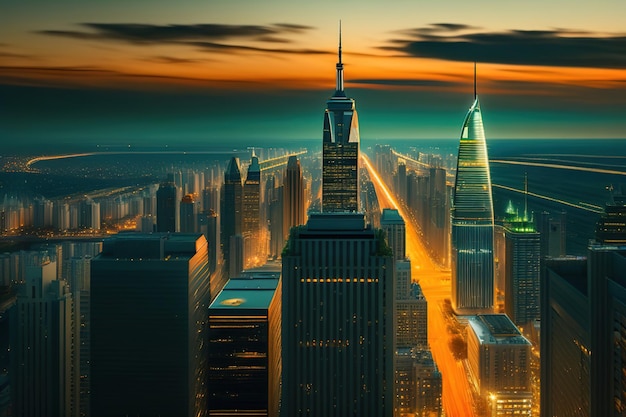 Paisagem noturna de uma grande vista superior da cidade moderna