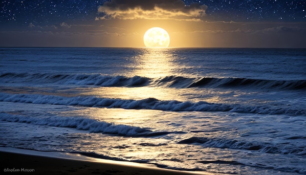 Paisagem noturna do oceano, lua cheia e estrelas brilham