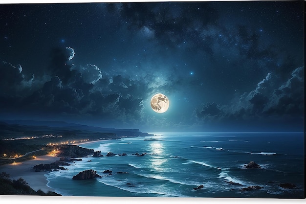 Paisagem noturna do oceano Lua cheia e estrelas brilhando