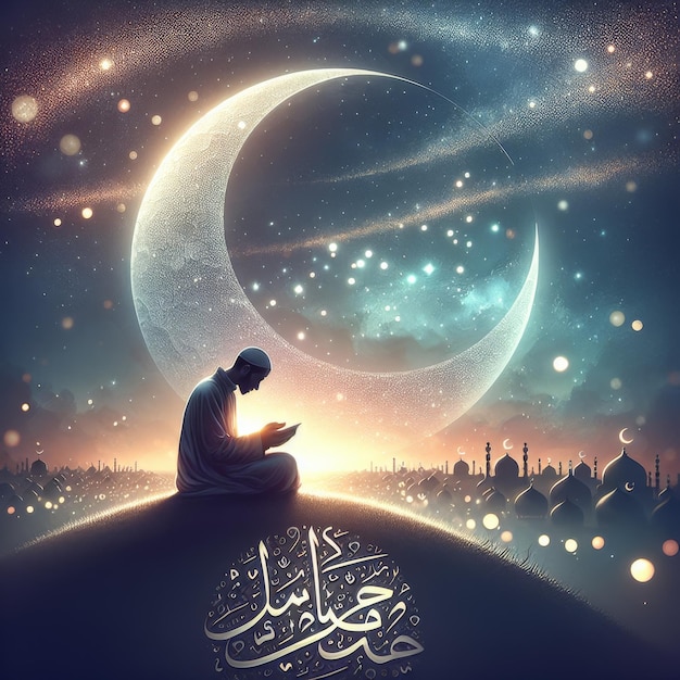 Paisagem noturna do Ramadão Orações sob a Lua Crescente