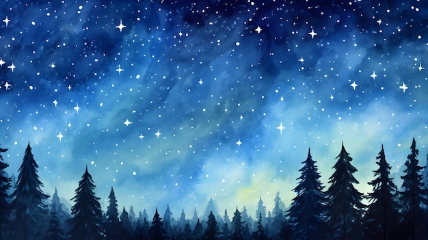 Paisagem noturna em aquarela com nuvens e estrelas lunares