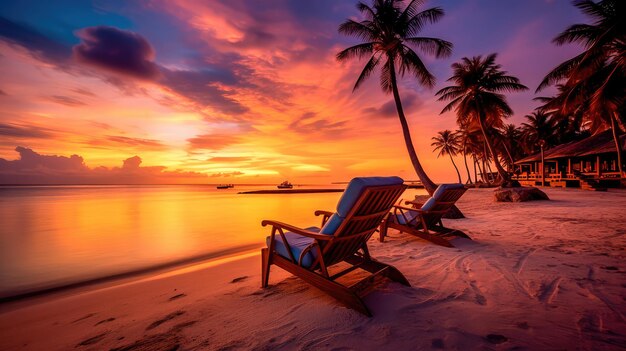 Foto paisagem noturna em uma ilha tropical maldivas com palmeiras e cadeiras de sol ia generativa