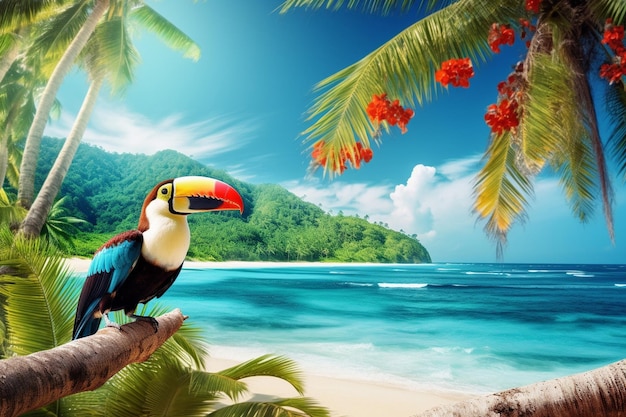 Foto paisagem oceânica horizontal plantas tropicais de verão árvores tucano papagaio