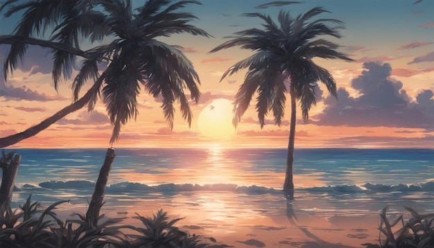 Paisagem pacífica da praia ao pôr-do-sol com palmeiras e mar refletor