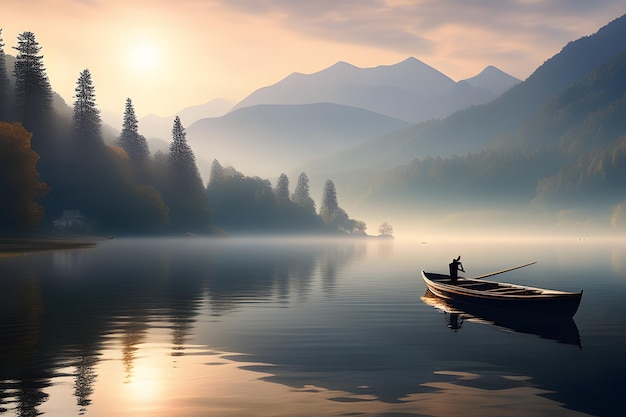 Paisagem pacífica perto do lago manhã enevoada imagem AI