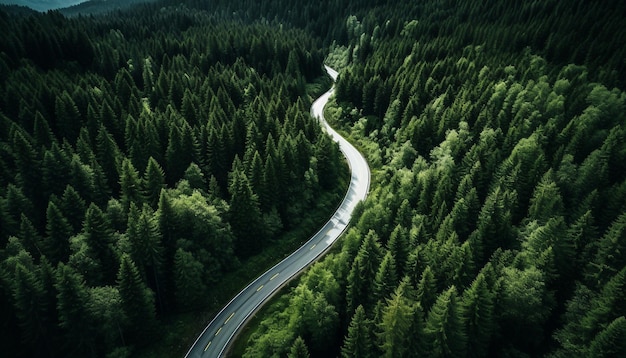 Paisagem panorâmica da natureza aérea de pinheiros e estrada de condução na vista média da área