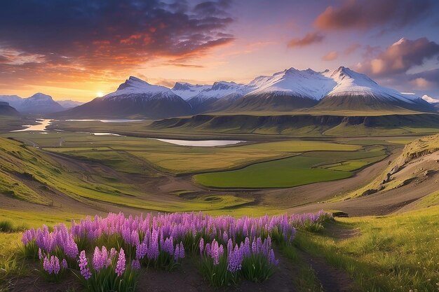 Foto paisagem panorâmica da primavera da islândia ao pôr-do-sol