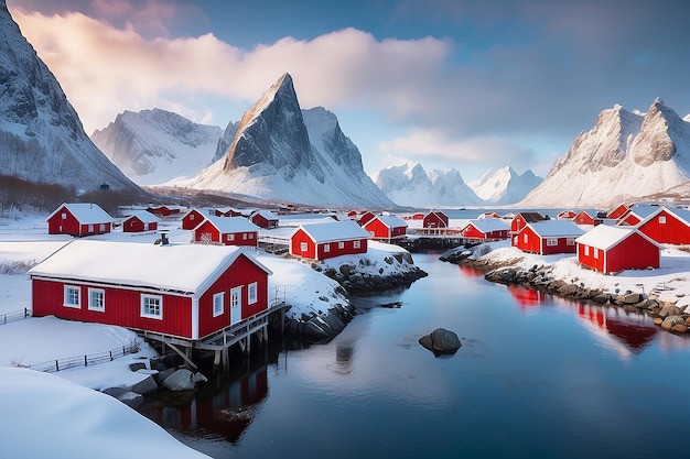 Foto paisagem panorâmica de inverno ilhas lofoten noruega com casas de rorbu vermelhas no inverno