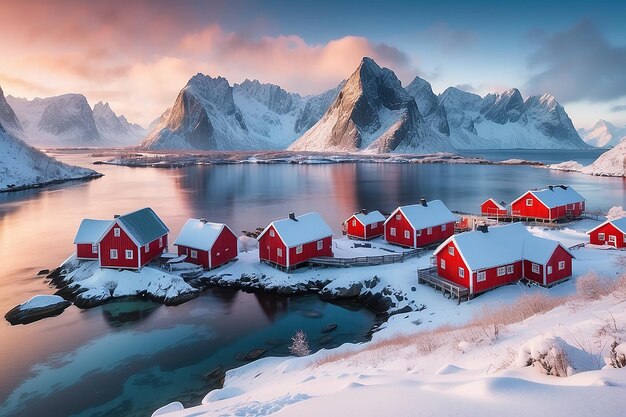 Paisagem panorâmica de inverno Ilhas Lofoten Noruega com casas de rorbu vermelhas no inverno