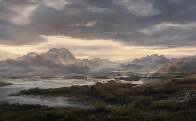 Paisagem panorâmica de montanhas fabulosas, vista incrível de picos de montanha. A natureza mágica do vale de montanhas e cumes. Ilustração