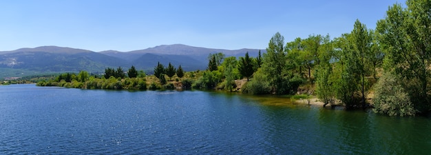 Paisagem panorâmica do lago nas montanhas com árvores e vegetação verde