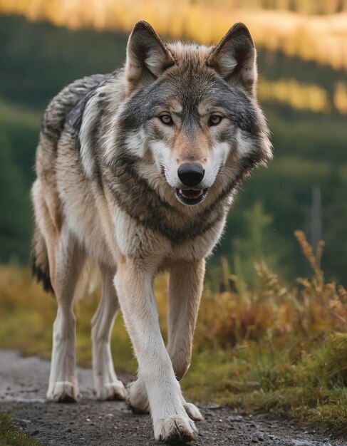 Paisagem panorâmica um lobo selvagem correndo em direção à câmera