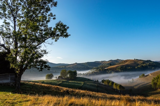 Paisagem pitoresca com antiga casa tradicional na colina, lugar tranquilo da natureza.