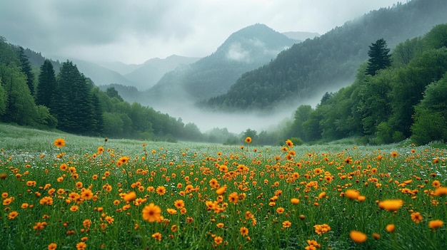 Paisagem pitoresca com flores brilhantes em um vale de montanha em tempo nebuloso