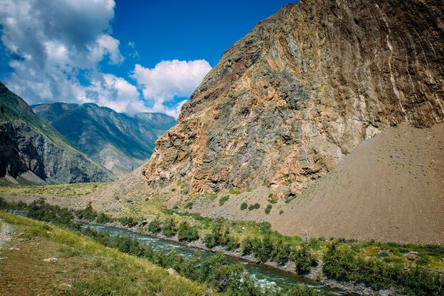 Paisagem pitoresca das montanhas rochosas de altai e do rio chulyshman