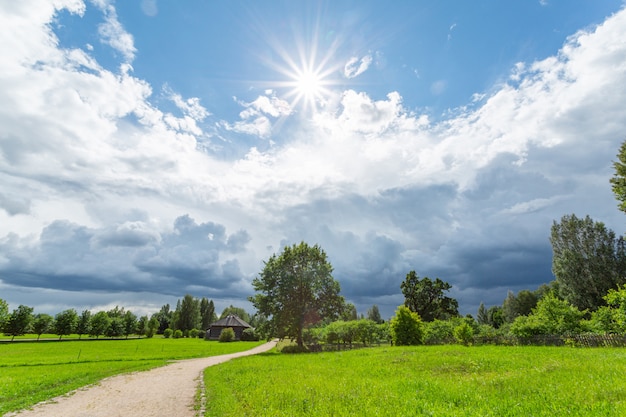 Paisagem pitoresca de verão com campo verde e céu nublado.