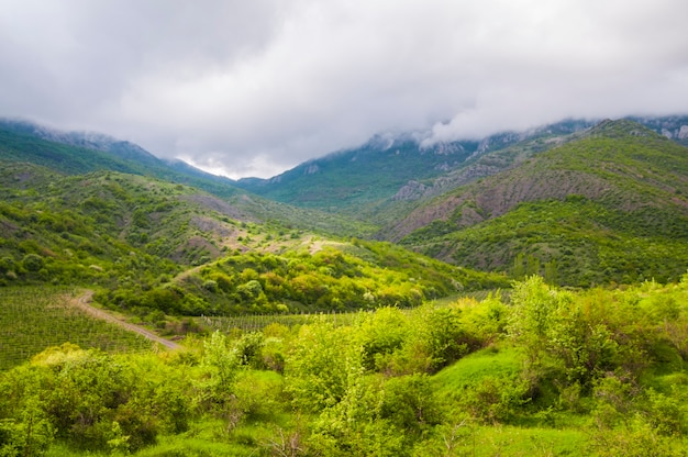 Paisagem pitoresca, nuvens de chuva, montanhas cobertas de plantas verdes, estrada rural passa entre colinas