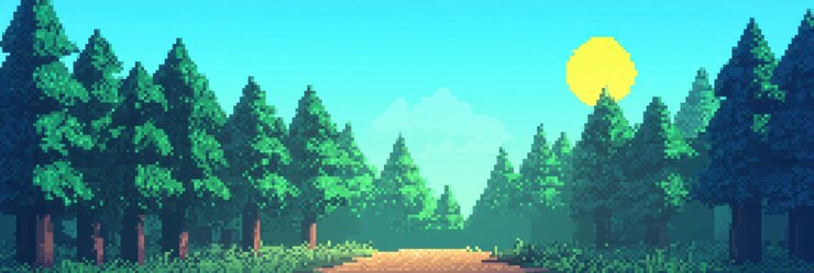 Paisagem pixelada de um caminho florestal ensolarado com árvores exuberantes e céu vibrante