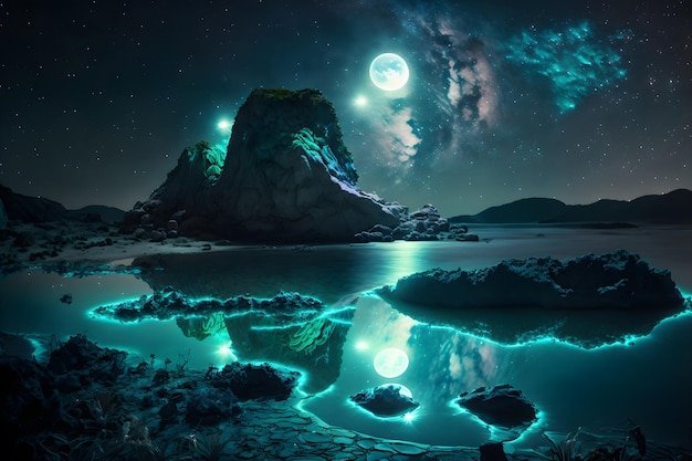 Paisagem plâncton brilhante de bioluminescência em algas luminescentes de fantasia de água no lago de montanha à noite cena incrivelmente bonita Estrelas refletidas na ilustração 3d de água