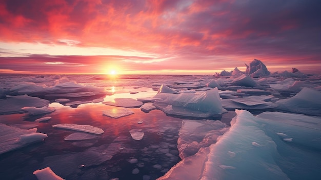 paisagem polar ao pôr do sol com o céu brilhando em um caleidoscópio de vermelhos, laranjas e rosas refletindo nas montanhas geladas e geleiras mostrando a beleza sublime da tela vívida da natureza