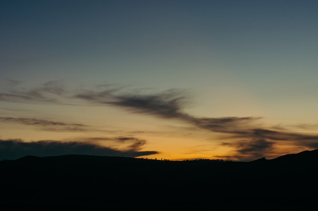 Paisagem por do sol do vale. Silhuetas de plantas e árvores em uma linha de horizonte claro. Pitoresco. Céu mágico.