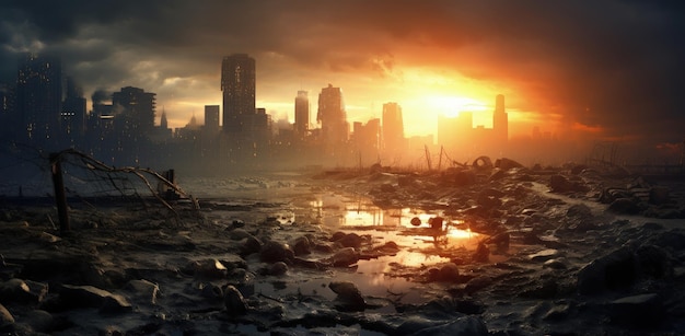 Paisagem pós-apocalíptica com cidade destruída por desastres naturais e guerras IA generativa