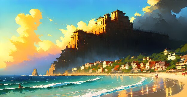 Paisagem Praia Costa Vista Panorâmica IA Mágica Gerada Arte de Parede Pintura em Tela Livro Infantil