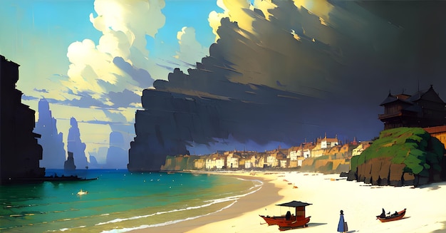 Paisagem Praia Oceano Pôr do sol Ilustração de livro infantil Generativa AI Fantasia Arte Digital