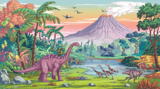 Paisagem pré-histórica vibrante de pixel art com dinossauros e vulcão