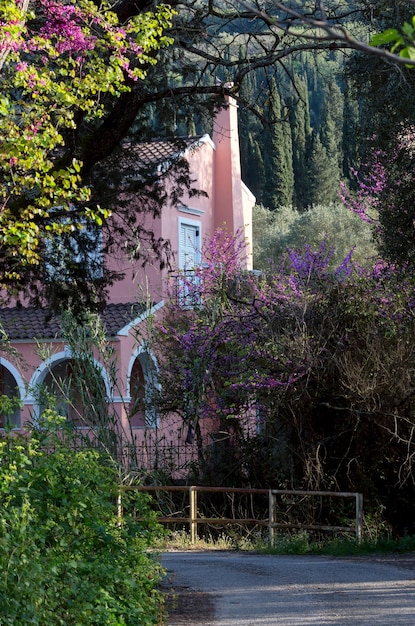 Paisagem Primavera vista brilhante em uma parte da casa nas montanhas em um dia ensolarado na primavera Grécia ilha Corfu