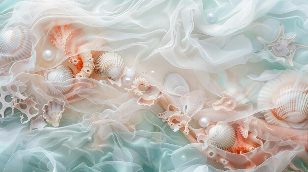 Foto paisagem radiante com véus translúcidos em coral e conchas marinhas e pérolas de fundo