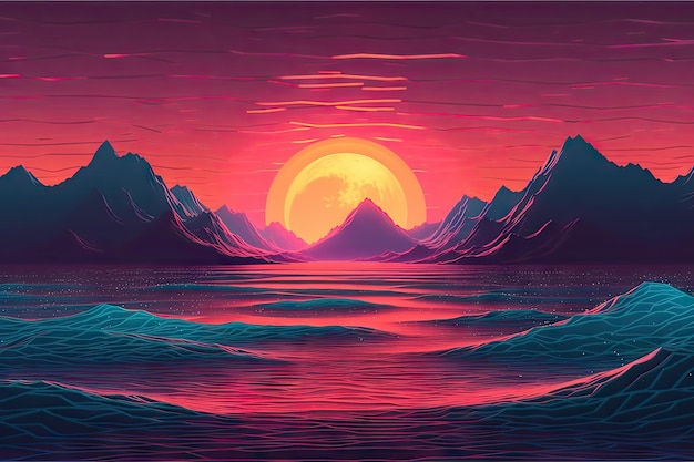 Paisagem retrô Synthwave Sunset com ondas do mar