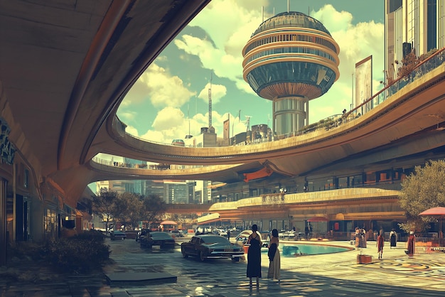 Paisagem retrofuturista em estilo sci-fi de meados do século Cena de ficção científica retrô com edifícios futuristas da cidade