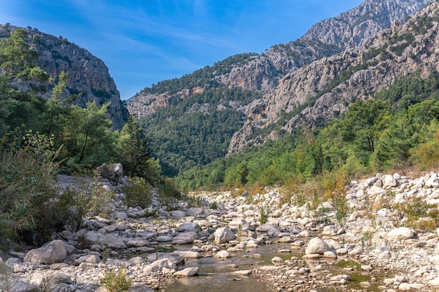 Paisagem rochosa com leito de montanha na estação seca