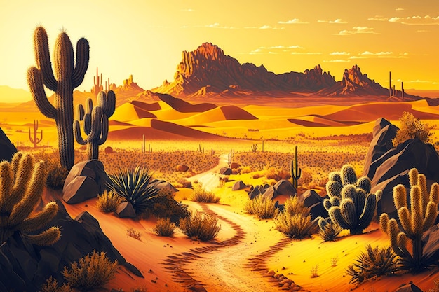 Paisagem rochosa do deserto com cactos e dunas de areia no pôr do sol generativo ai