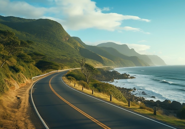 Foto paisagem rodoviária nas montanhas ao lado do mar gerada pela ia