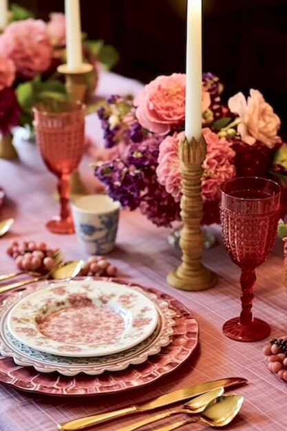 Paisagem romântica de mesa de férias mesa de jantar formal com estilo campestre rosa