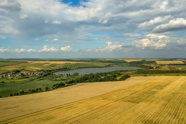 Paisagem rural aérea com campos de agricultura remendado amarelo