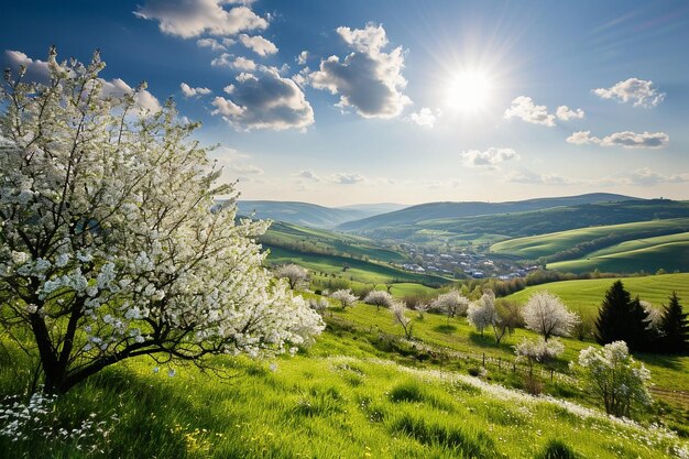 Paisagem rural cênica com prados floridos e céu azul
