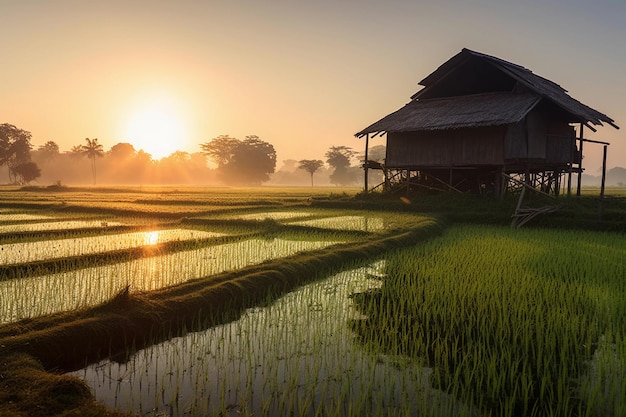 paisagem rural com campos de arroz e cabanas paisagem rural with rice fields and cabanas