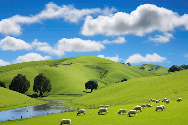 Paisagem rural com colinas onduladas e IA generativa de ovelhas pastando
