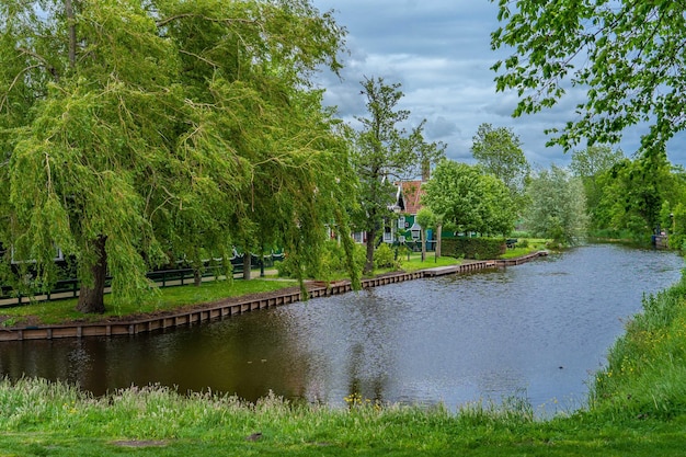 Paisagem rural com moinho de vento em zaanse schans holanda holanda autêntico moinho de zaandam bela paisagem da holanda