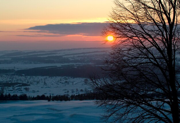 Paisagem rural com neve no inverno ao nascer do sol, foto telefoto